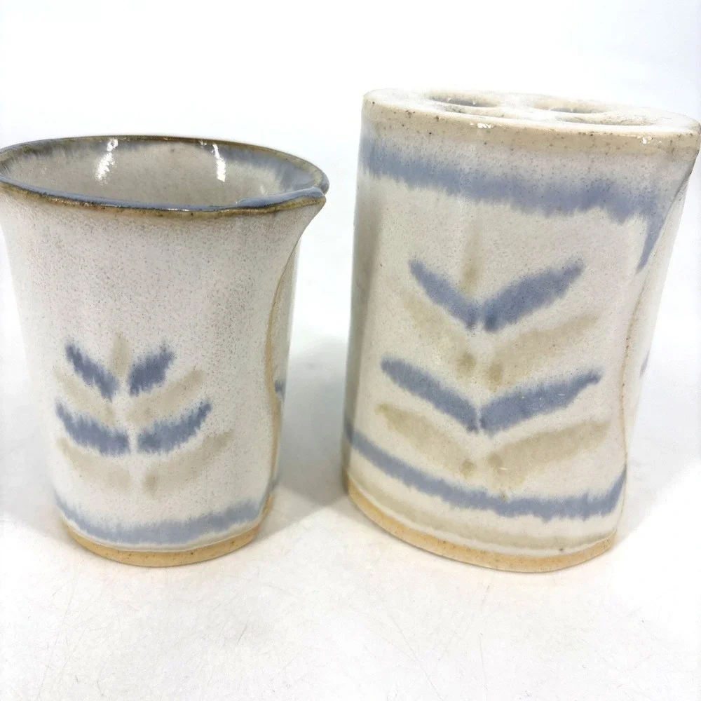 Handcrafted Bay Pottery Blue Tan Glaze Toothbrush Holder and Bathroom Water Cup